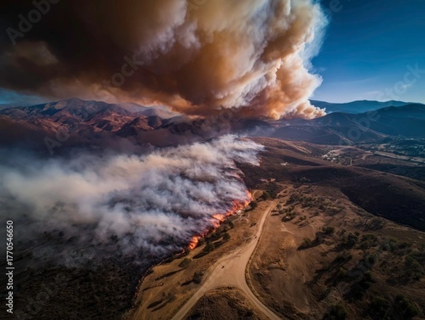 Obraz Wide aerial view of a wildfire line spreading through a dry mountain valley under thick smoke clouds