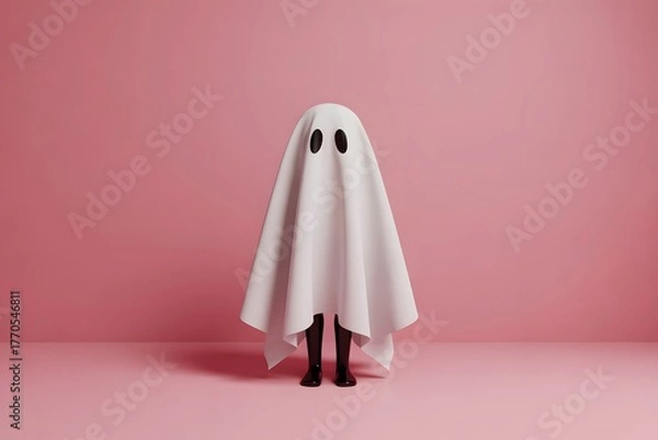 Obraz Person in ghost costume standing against pink background