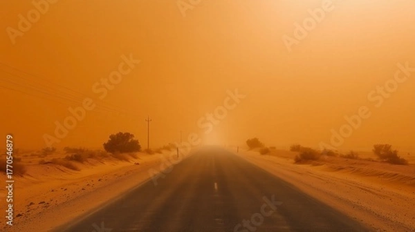 Fototapeta Wide shot of a deserted desert road completely obscured by a massive sandstorm and orange dust haze