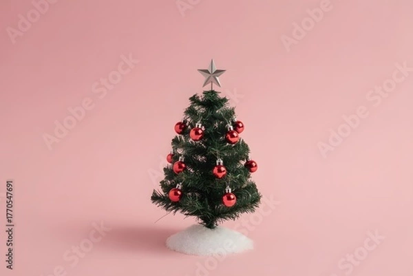 Obraz Small decorated christmas tree on pink background