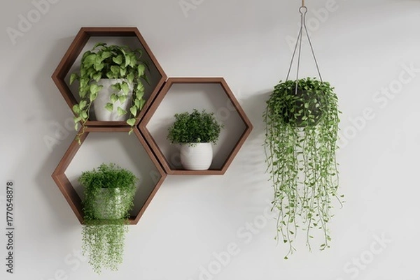 Obraz Hexagonal shelves with hanging plants on white wall