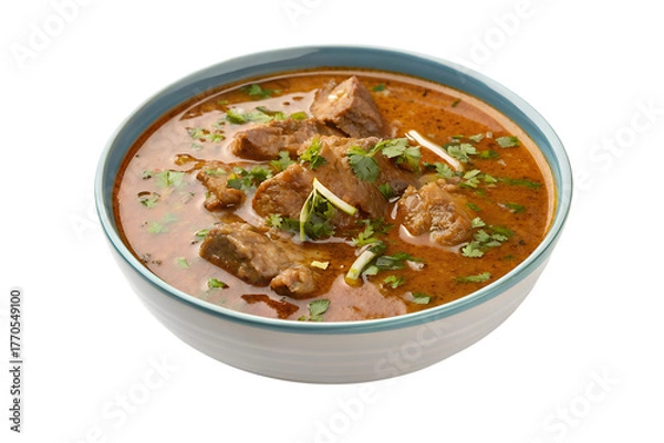 Obraz Delicious and hearty lamb curry with rich gravy and fresh cilantro garnish isolated on transparent background