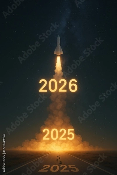 Fototapeta Futuristic Transition: Rocket Launch from 2025 to 2026