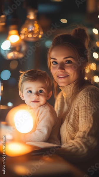 Obraz A happy young mother and her adorable baby boy smile at the camera in soft, warm, glowing light during a cozy evening.