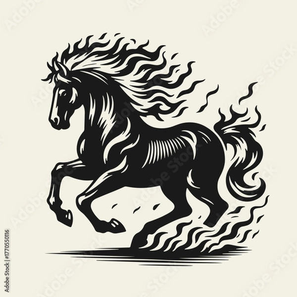 Fototapeta Black and white flat vector illustration of a galloping horse with a fiery mane and tail. Dynamic burning symbol for 2026 designs, logos and decorations.