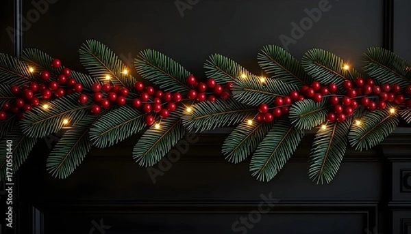 Fototapeta Elegant Christmas garland with bright red berries and warm festive lights on dark background for holiday cheer