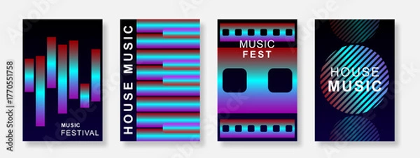 Fototapeta Vibrant gradient music poster background set. Minimalist sound cover template with colorful design. Suitable for music, festival, party, club, social media, banner and flyer. Vector