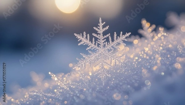 Fototapeta Shimmering snowflake glistens with winter magic against a soft blue background, perfect for festive holiday designs