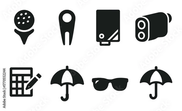 Fototapeta Golf equipment icons featuring ball marker, divot tool, and rangefinder