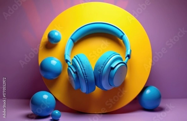 Fototapeta Vibrant blue headphones rest on bold yellow circle in playful blue spheres. Dynamic lighting creates modern, energetic mood perfect for tech advertising music themes. Stylish composition audio