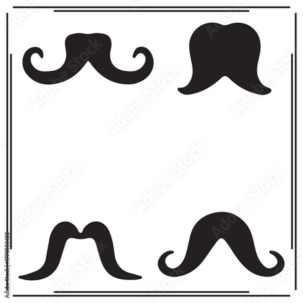 Fototapeta Set of Black Mustache Icons - Various Styles including Curled, Twisted, and Classic Mustache Designs - Vector Icons for Facial Hair, Grooming, Barber