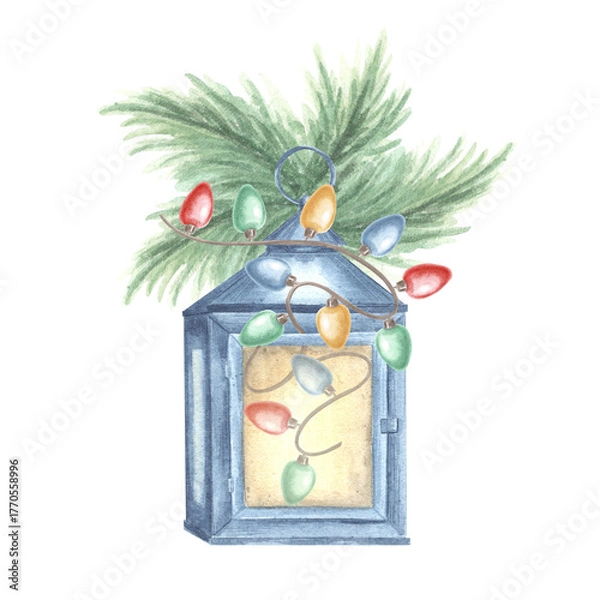 Fototapeta Cozy lantern with Christmas garland and spruce branches watercolor illustration. Vintage oil lamp for winter holiday greeting card design. Hand drawn isolated clipart for prints, wrapping, textile.