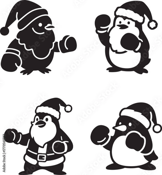 Fototapeta Christmas Penguins Vector Illustration Set, Cartoon Penguins in Santa Hats and Winter Attire, Perfect for Holiday Designs