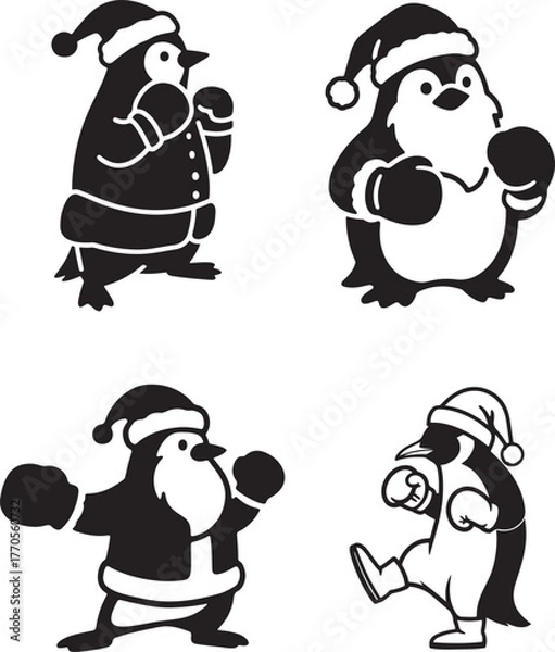 Fototapeta Christmas Penguins Vector Illustration Set, Cartoon Penguins in Santa Hats and Winter Attire, Perfect for Holiday Designs