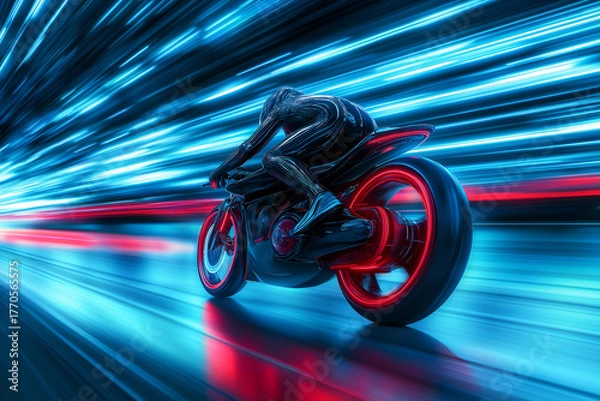 Fototapeta Futuristic racing bike in motion with light trails and blur 