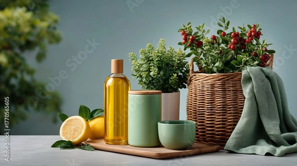 Obraz Natural skincare products with fresh lemon, green plants, and cozy towel arranged on wooden board for calm wellness vibe