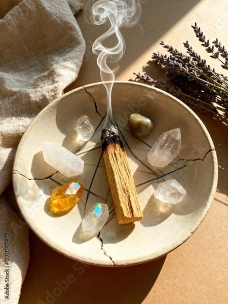 Obraz A ceramic plate holds a piece of wood with smoke rising, surrounded by various crystals and lavender sprigs. The scene conveys a calming, spiritual atmosphere.