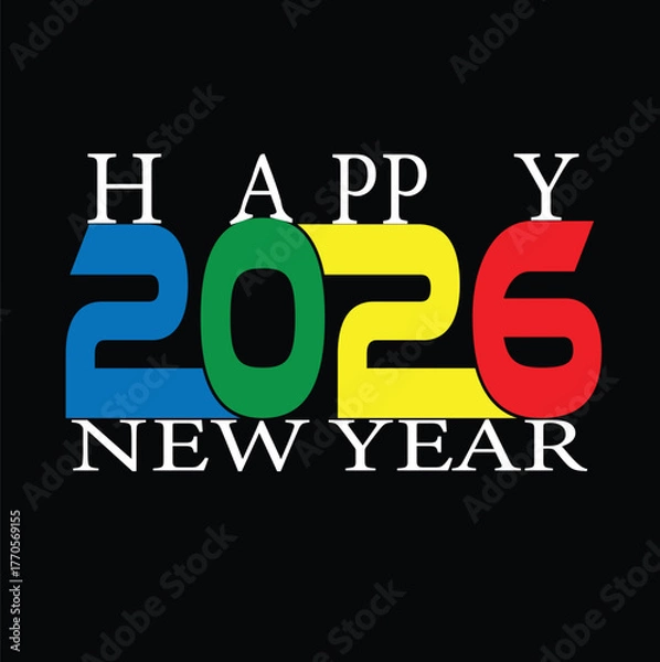 Obraz Art & IllustratioHappy New Year 2026 colorful typography design with modern bold numbers and vibrant colors on black background, festive vector illustration for celebration, greeting card, or poster n