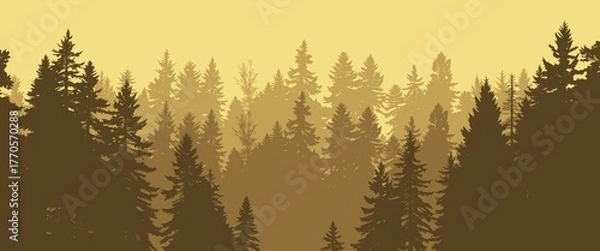 Obraz misty golden forest silhouette with layered evergreen trees