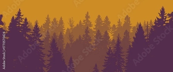 Fototapeta a silhouette of a dense coniferous forest against a muted golden sunset