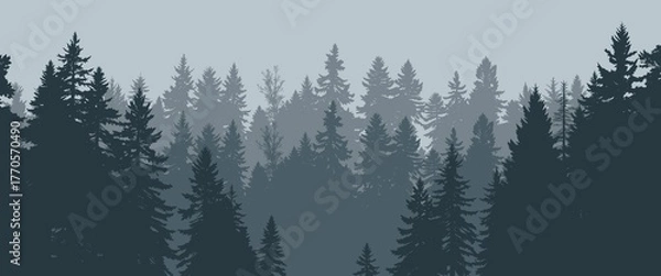 Fototapeta a serene silhouette of a coniferous forest shrouded in a misty blue haze