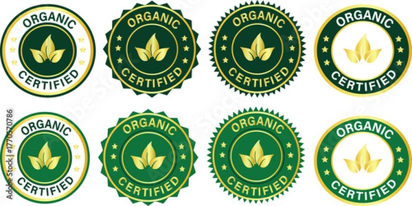 Obraz Organic Certified Badge Vector Set – Green and Gold Eco Labels, Natural Product Seal, Bio Food Logo Emblem, Healthy Organic Product Certification Icons for Packaging and Branding Design