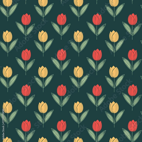 Fototapeta Seamless pattern with textured red and yellow tulips.
