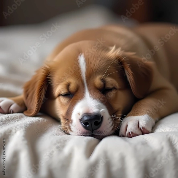 Fototapeta Sleeping brown puppy resting on soft blanket indoors  