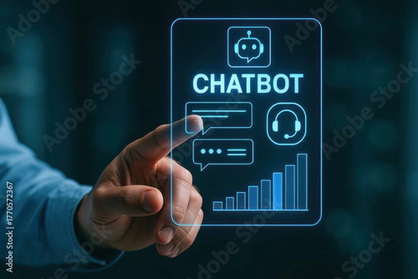 Fototapeta Hand interacting with holographic display showcasing chatbot features, including messaging icons and performance graphs, symbolizing advanced technology and communication