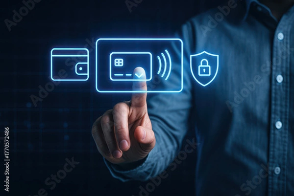 Fototapeta Digital payment technology is represented through hand interacting with virtual icons of credit card, secure shield, and contactless payment symbol, showcasing modern financial transactions