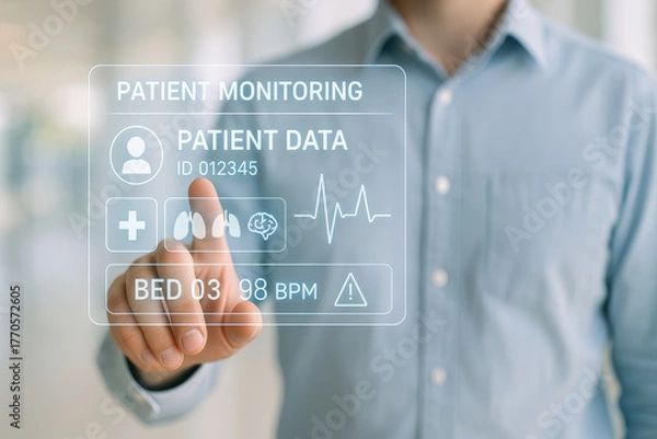 Fototapeta Patient monitoring system displays vital data, including heart rate and lung function, enhancing healthcare efficiency and accuracy in modern medical environment