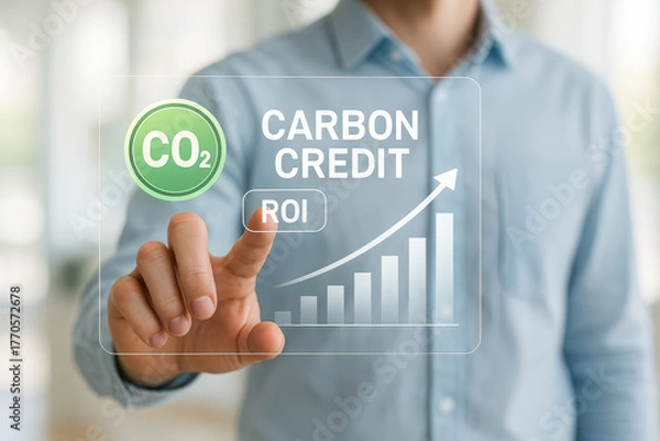 Fototapeta Carbon credit concept with CO2 symbol and ROI indicator, showcasing growth in sustainability investments. person interacts with digital interface, emphasizing eco friendly finance