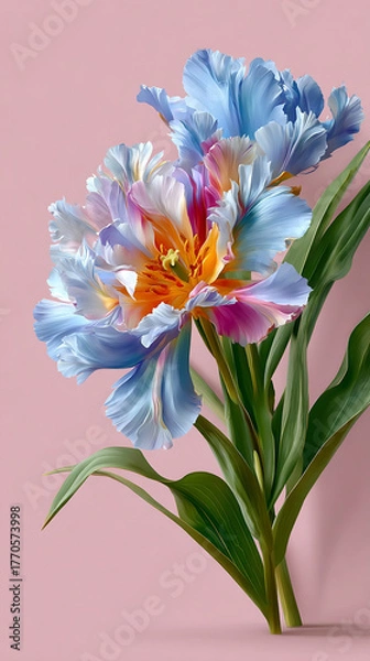 Obraz Colorful tulip flower with ruffled petals and green leaves on pink background, vibrant and elegant floral design with soft texture