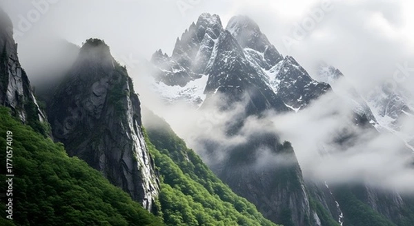 Fototapeta Mountain landscape fog clouds summit peak nature scenery