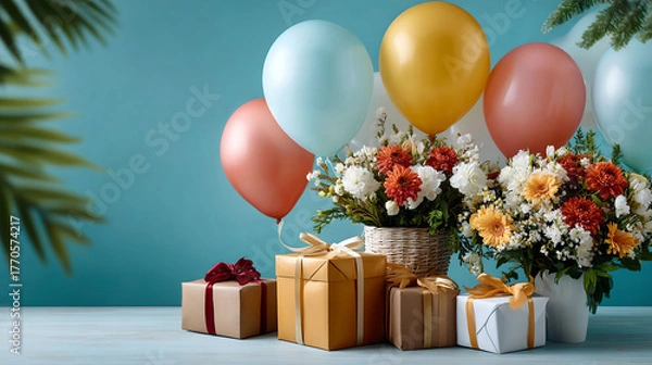 Obraz Cheerful birthday setting with pastel balloons, colorful flower bouquets, and wrapped gift boxes on light blue background
