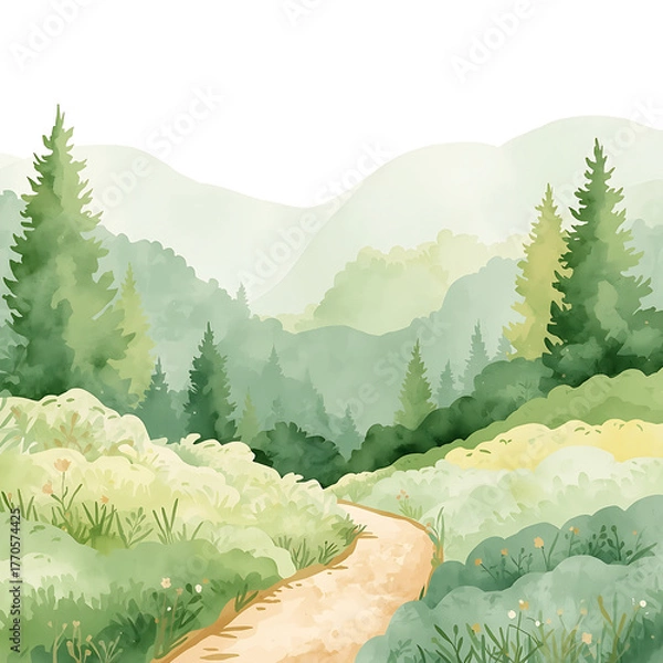 Fototapeta Soft watercolor illustration depicts a tranquil forest landscape with gentle pastel shades. It features green trees,.