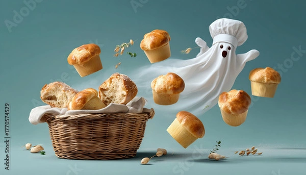 Obraz Flying bread rolls and happy ghost chef with basket of fresh baked muffins and scattered seeds in whimsical scene