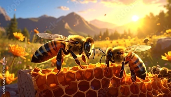 Obraz Two bees on a honeycomb, illuminated by a sunlit meadow of wildflowers with a mountain backdrop