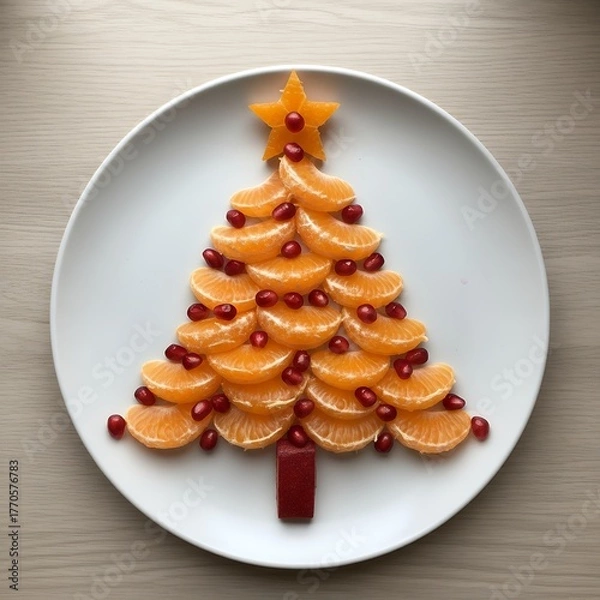 Fototapeta Artistic composition of orange slices shaped like a Christmas tree on a white plate, decorated with pomegranate seeds and a star shaped on top, symbolizing freshness and joy of the holiday season
