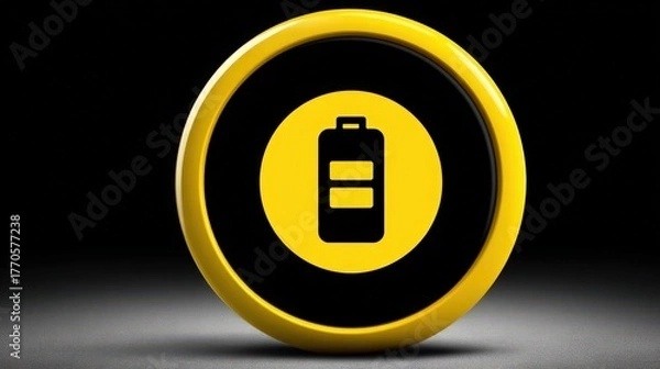 Fototapeta Circular Battery Icon with Yellow Background on Dark Surface, Concept of Energy Status and Battery Life Monitoring