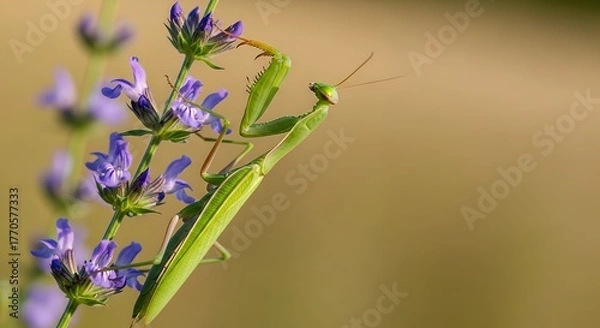 Fototapeta Close up macro of a green praying mantis clinging to a purple wildflower stem with smooth bokeh background, capturing balance and focus in nature