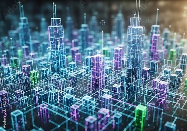 Fototapeta A vibrant, futuristic cityscape composed of glowing, geometric structures connected by a network of lines, showcasing technological advancement