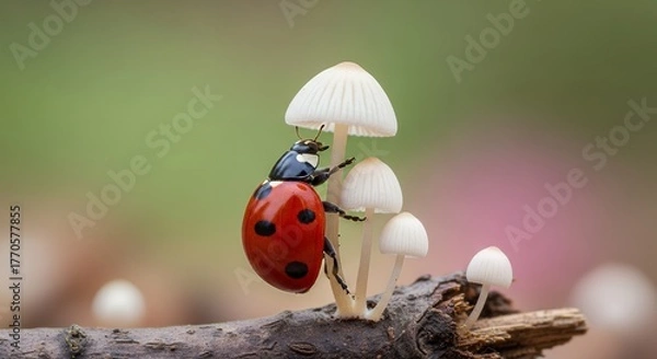 Fototapeta Close up of a vibrant red ladybug crawling up delicate white mushrooms on a branch, symbolizing harmony and connection in nature’s miniature world