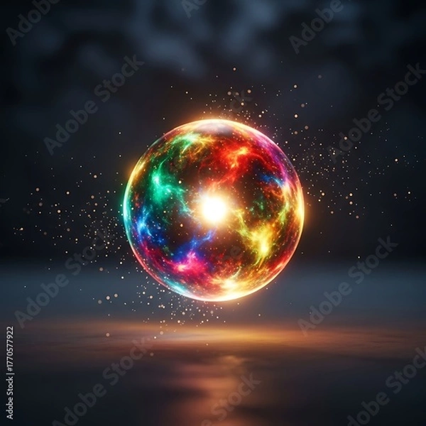Fototapeta A vibrant, glowing orb floats in a dark space, radiating light and energy with swirling nebulae-like colors. Glittering particles surround it