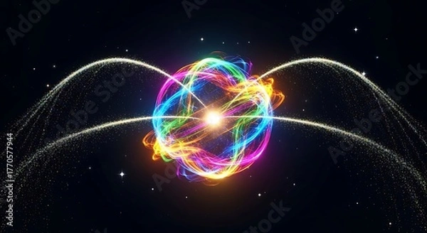 Obraz A vibrant, glowing sphere with colorful energy rings and arching trails of sparkling particles against a dark, starry background