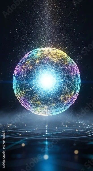 Fototapeta A vibrant, glowing sphere with intricate, interconnected lines hovers above a hazy, textured surface against a dark, starry background