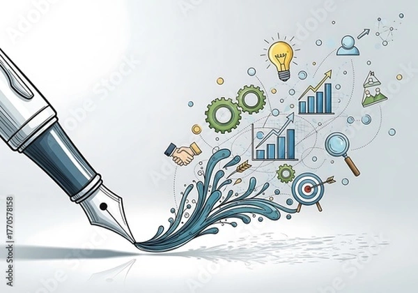 Fototapeta A vibrant illustration showcasing an artistic pen creatively "writing" ideas with associated business concepts
