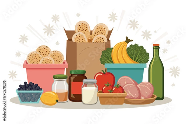 Obraz Vector illustration of a collection of groceries including bread, fruits, vegetables, meat, and jars