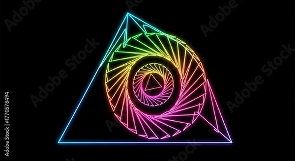 Fototapeta A vibrant neon graphic featuring nested geometric shapes on a stark black background, showcasing spiral and triangular forms