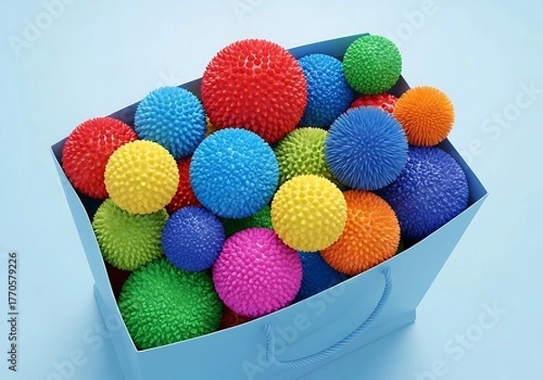 Obraz A vibrant shot of a paper bag overflowing with colorful, spiky spheres of various hues against a light blue backdrop
